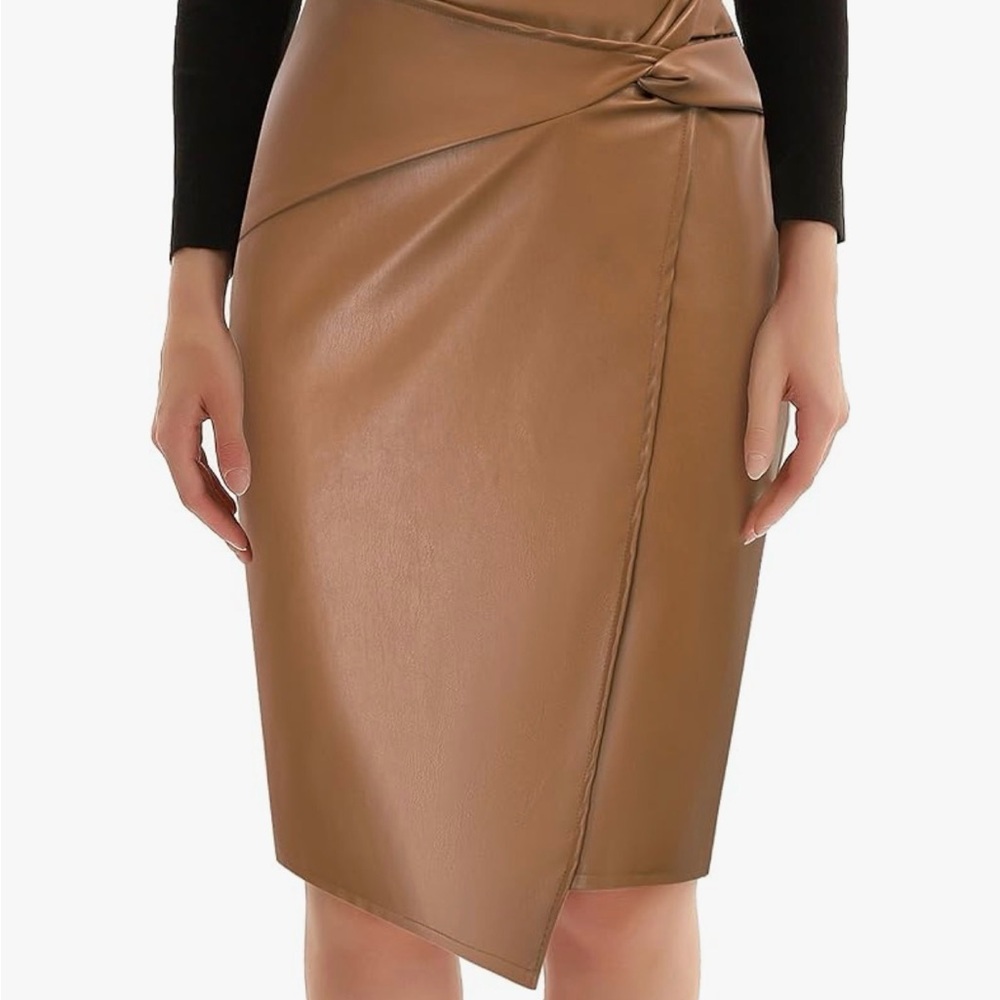Kate Kasin Wrapped Faux Leather Pencil Skirt in Tan Size XL wear to work NWT